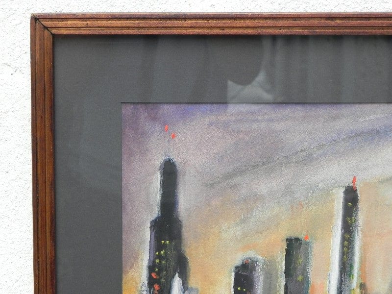 I Like Mike's Mid-Century Modern Wall Decor & Art Framed Cityscape on Water (Chicago) Original Painting 1977