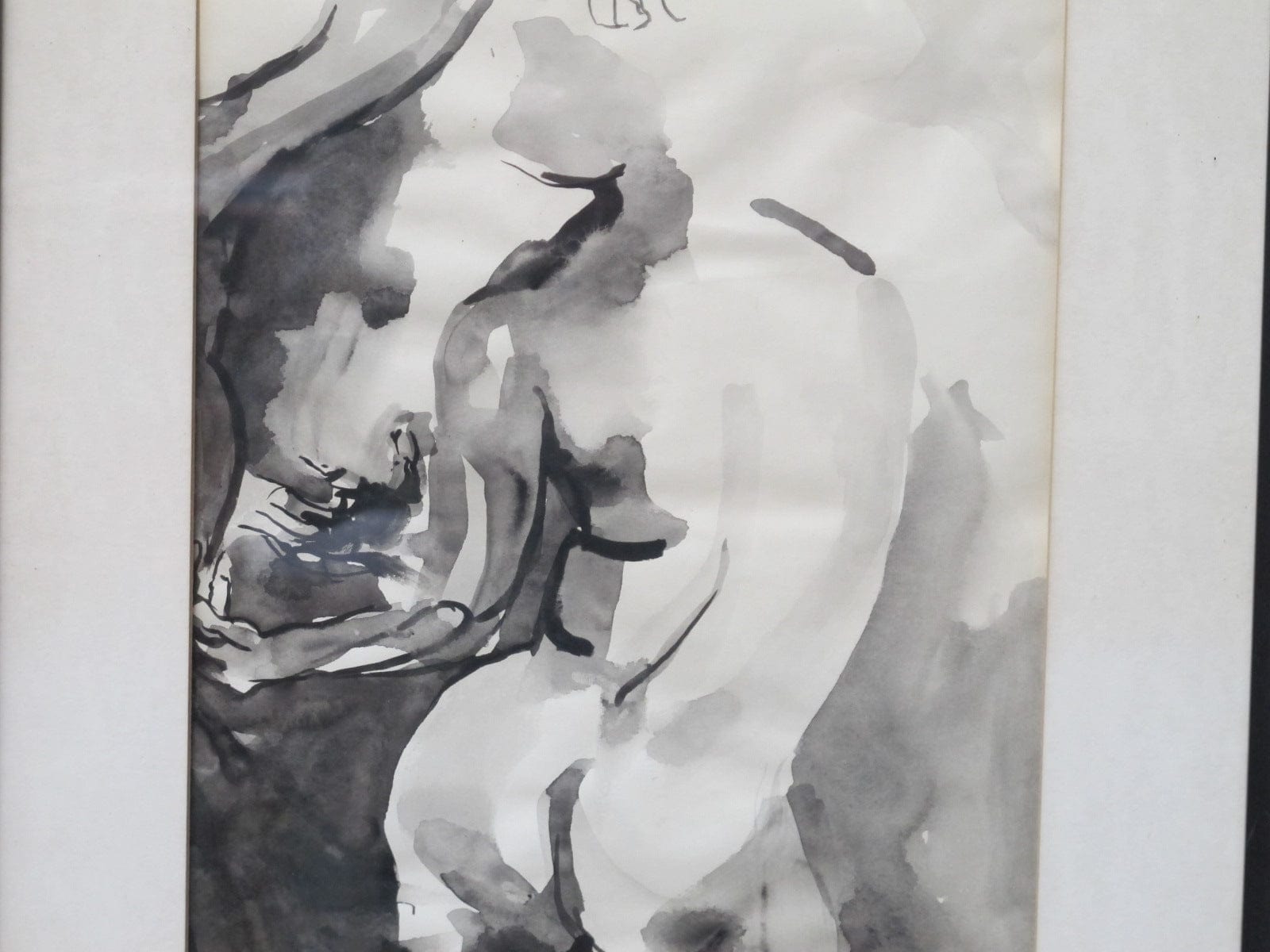 I Like Mike's Mid Century Modern Wall Decor & Art Framed Original Watercolor Nude in Black & White from 1974