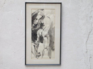 I Like Mike's Mid Century Modern Wall Decor & Art Framed Original Watercolor Nude in Black & White from 1974