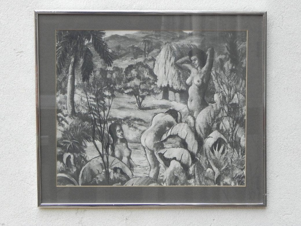 I Like Mike's Mid Century Modern Wall Decor & Art Framed Print, Charcoal Drawing of Bathing Women in the Tropics