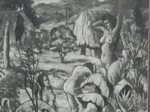 I Like Mike's Mid Century Modern Wall Decor & Art Framed Print, Charcoal Drawing of Bathing Women in the Tropics