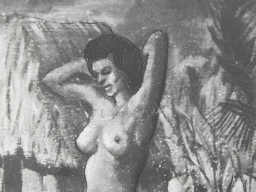 I Like Mike's Mid Century Modern Wall Decor & Art Framed Print, Charcoal Drawing of Bathing Women in the Tropics