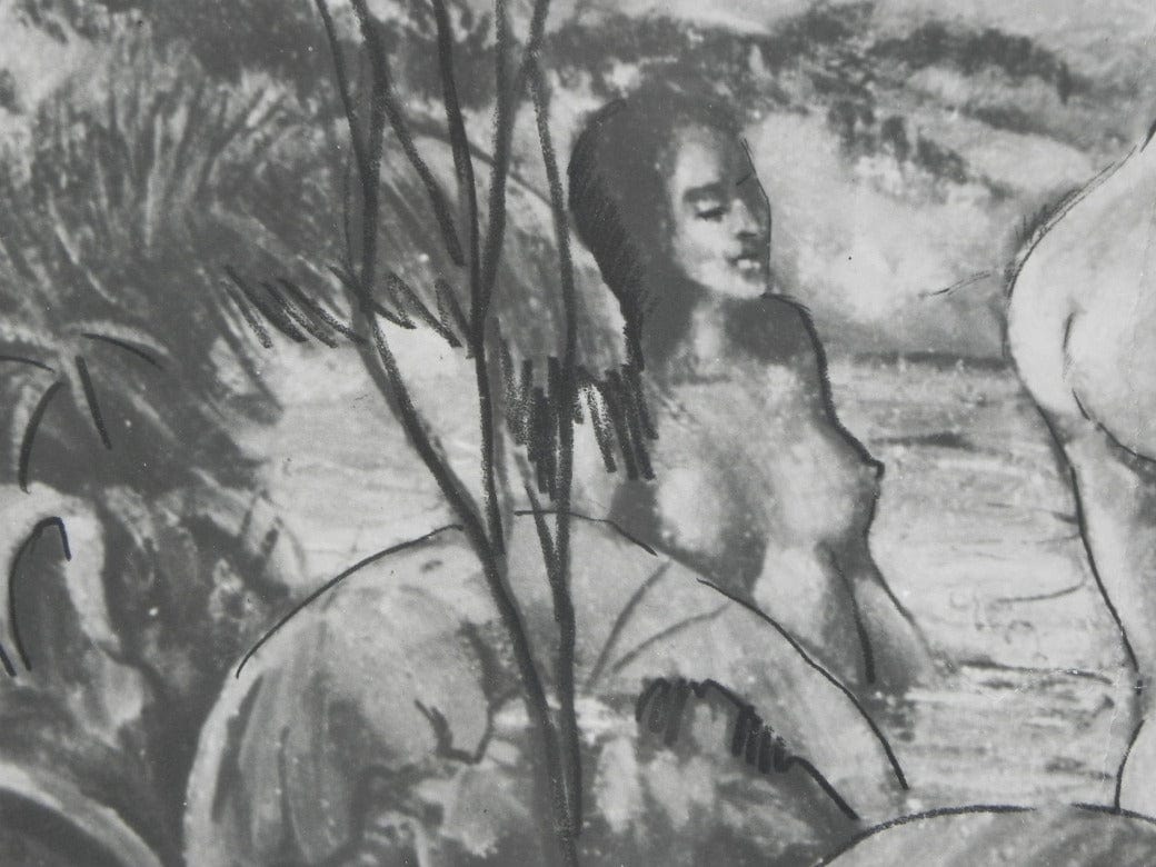 I Like Mike's Mid Century Modern Wall Decor & Art Framed Print, Charcoal Drawing of Bathing Women in the Tropics