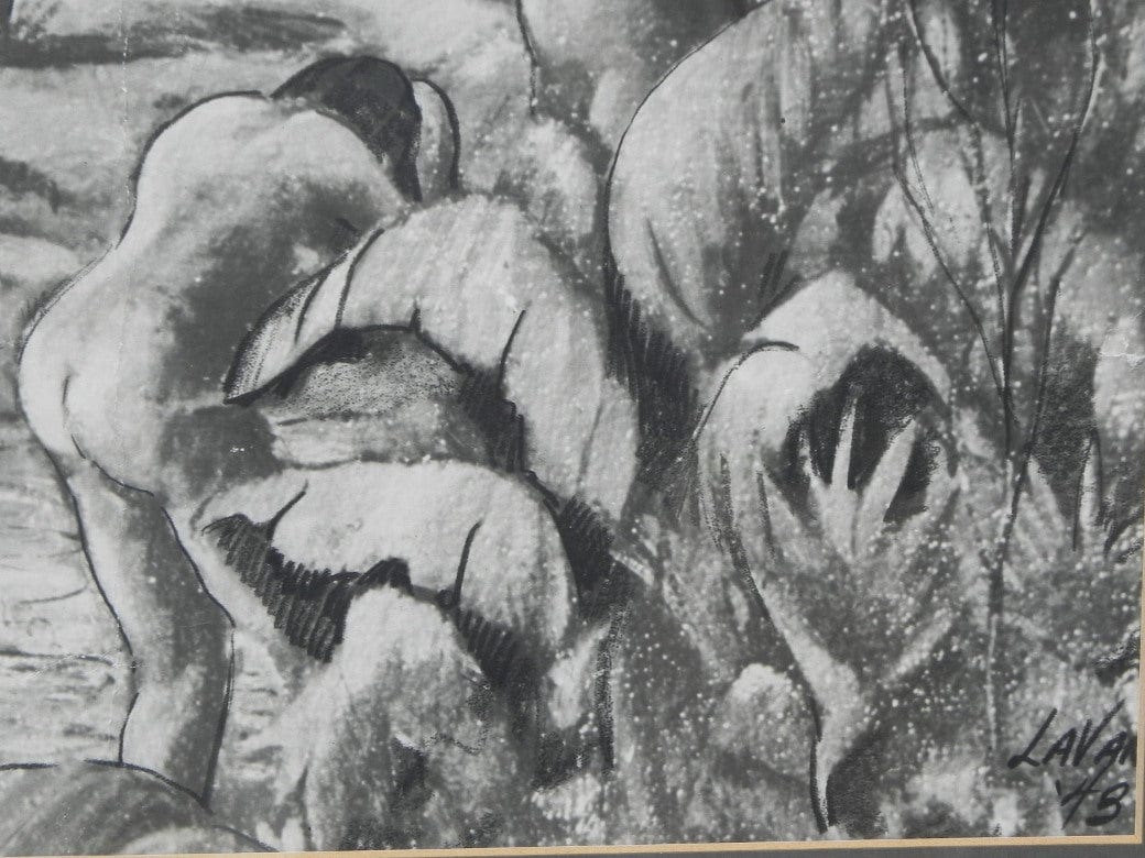 I Like Mike's Mid Century Modern Wall Decor & Art Framed Print, Charcoal Drawing of Bathing Women in the Tropics