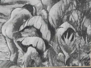 I Like Mike's Mid Century Modern Wall Decor & Art Framed Print, Charcoal Drawing of Bathing Women in the Tropics