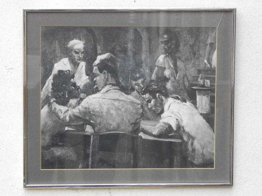 I Like Mike's Mid Century Modern Wall Decor & Art Framed Print, Charcoal Drawing of Service Men in Nightclub, 1940s