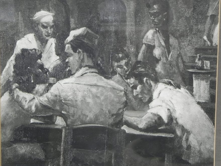 I Like Mike's Mid Century Modern Wall Decor & Art Framed Print, Charcoal Drawing of Service Men in Nightclub, 1940s