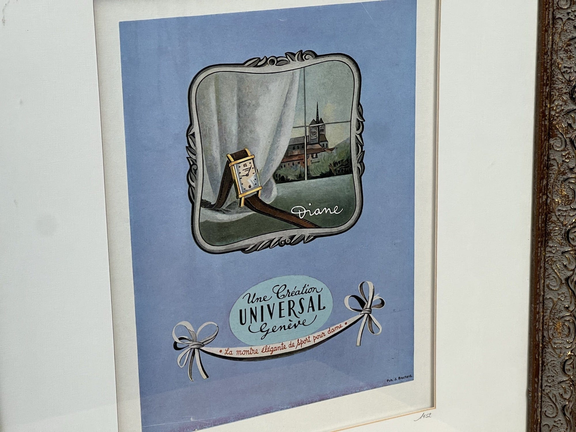 I Like Mike's Mid Century Modern Wall Decor & Art Framed Vintage Ad, "Diane Watch, Une Creation Universal Genieve", Paris 1952