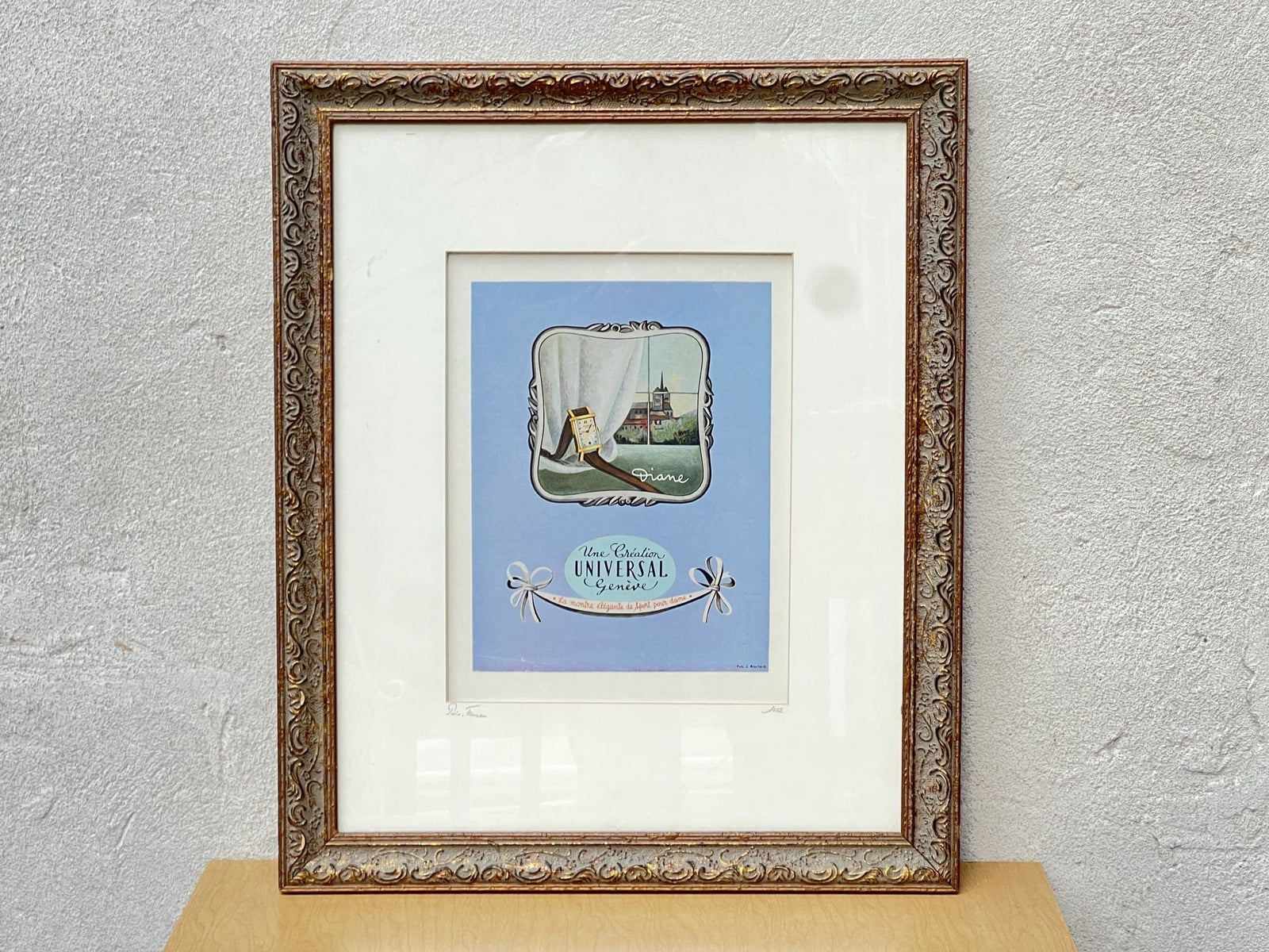 I Like Mike's Mid Century Modern Wall Decor & Art Framed Vintage Ad, "Diane Watch, Une Creation Universal Genieve", Paris 1952