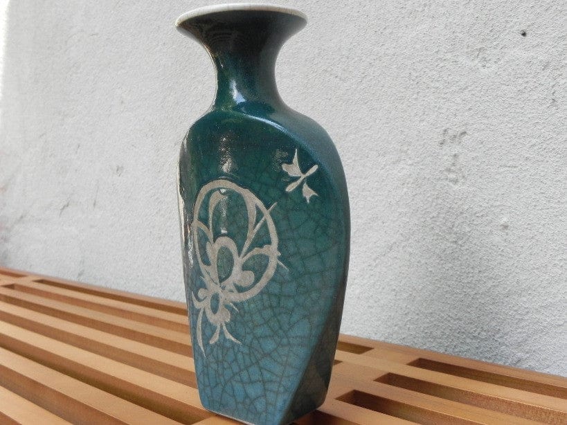 I Like Mike's Mid Century Modern Wall Decor & Art Green Blue Asian Inspired Crackle Glaze Ceramic Vase