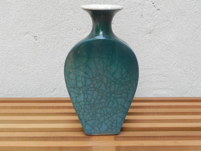 I Like Mike's Mid Century Modern Wall Decor & Art Green Blue Asian Inspired Crackle Glaze Ceramic Vase
