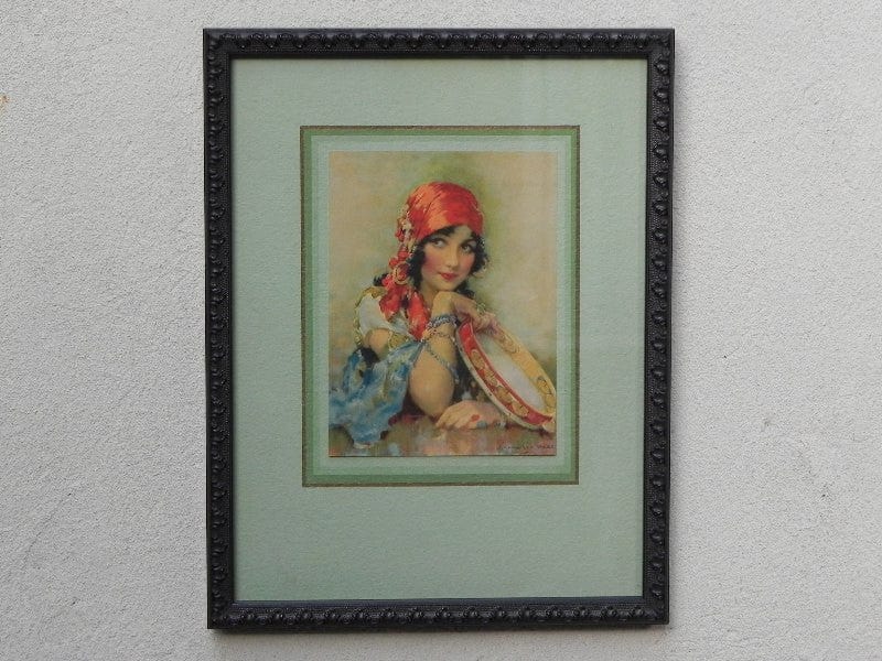I Like Mike's Mid Century Modern Wall Decor & Art Hudson's Big Country Store - Gypsy Girl with Tamborine by J. Knowles Hare (or Gene Pressler), Vintage Print Newly Framed