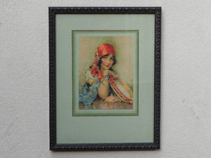 I Like Mike's Mid Century Modern Wall Decor & Art Hudson's Big Country Store - Gypsy Girl with Tamborine by J. Knowles Hare (or Gene Pressler), Vintage Print Newly Framed