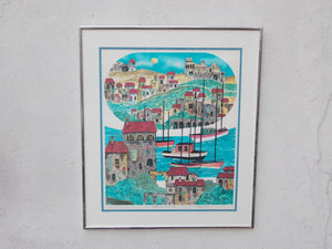 I Like Mike's Mid Century Modern Wall Decor & Art Italian Riviera Colorful Drawing Lithograph, Signed, Framed