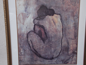 I Like Mike's Mid Century Modern Wall Decor & Art Large Framed Blue Nude, Gold Frame behind glass