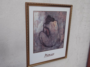 I Like Mike's Mid Century Modern Wall Decor & Art Large Framed Blue Nude, Gold Frame behind glass