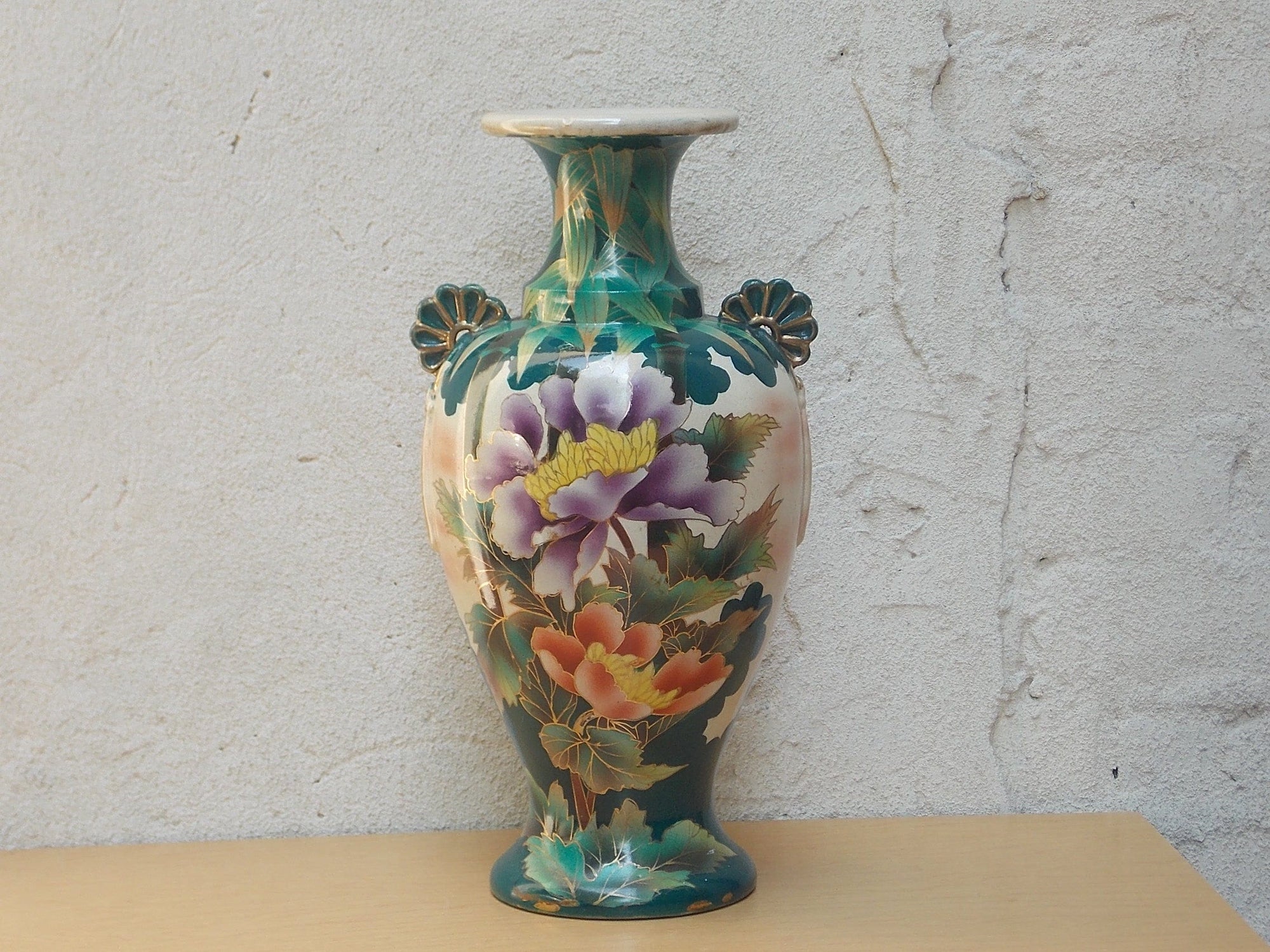 I Like Mike's Mid Century Modern Wall Decor & Art Large Green & White Floral Gilded Urn Vase with Pink, Purple & Orange