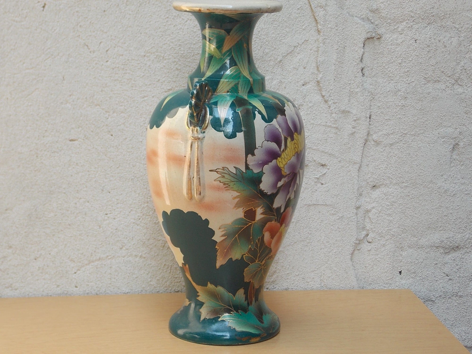 I Like Mike's Mid Century Modern Wall Decor & Art Large Green & White Floral Gilded Urn Vase with Pink, Purple & Orange