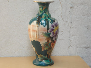 I Like Mike's Mid Century Modern Wall Decor & Art Large Green & White Floral Gilded Urn Vase with Pink, Purple & Orange