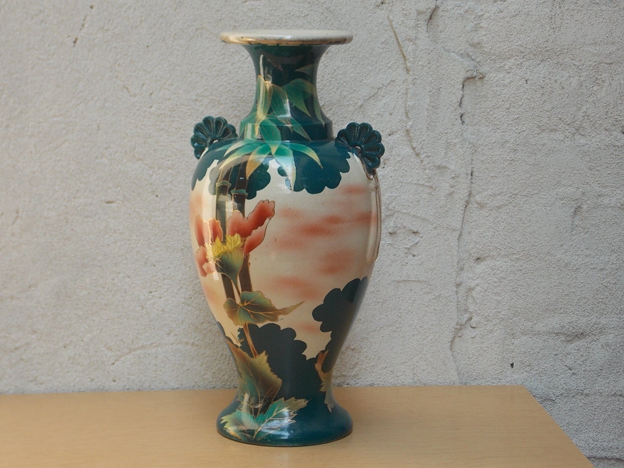 I Like Mike's Mid Century Modern Wall Decor & Art Large Green & White Floral Gilded Urn Vase with Pink, Purple & Orange