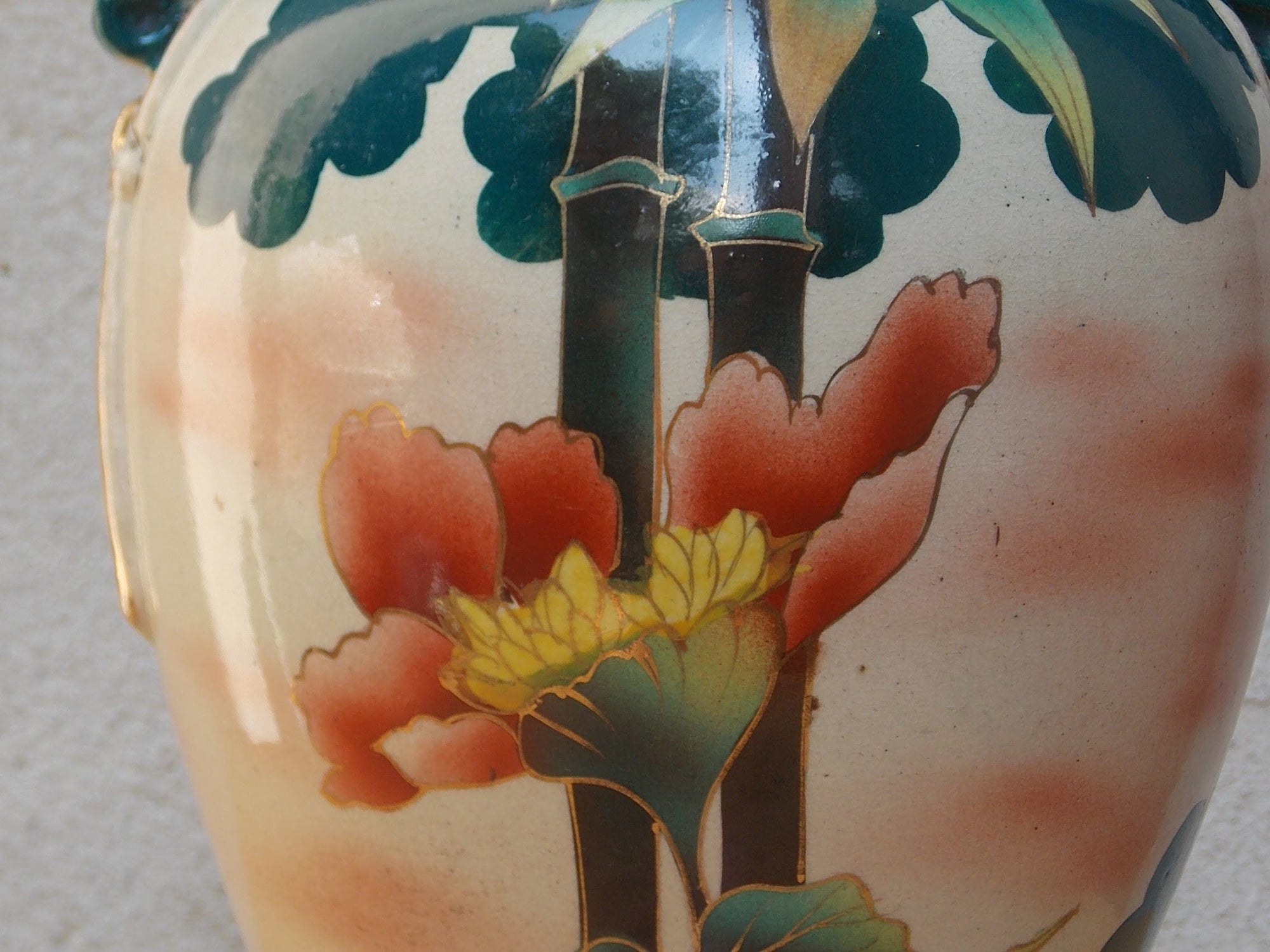 I Like Mike's Mid Century Modern Wall Decor & Art Large Green & White Floral Gilded Urn Vase with Pink, Purple & Orange