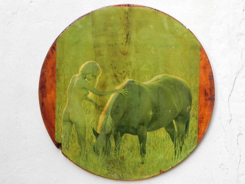 I Like Mike's Mid-Century Modern Wall Decor & Art Large Nude Blonde with Horse Decoupage On Wood, Circular Wall Hanging