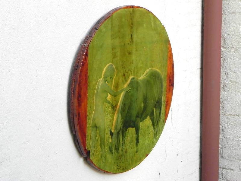 I Like Mike's Mid-Century Modern Wall Decor & Art Large Nude Blonde with Horse Decoupage On Wood, Circular Wall Hanging