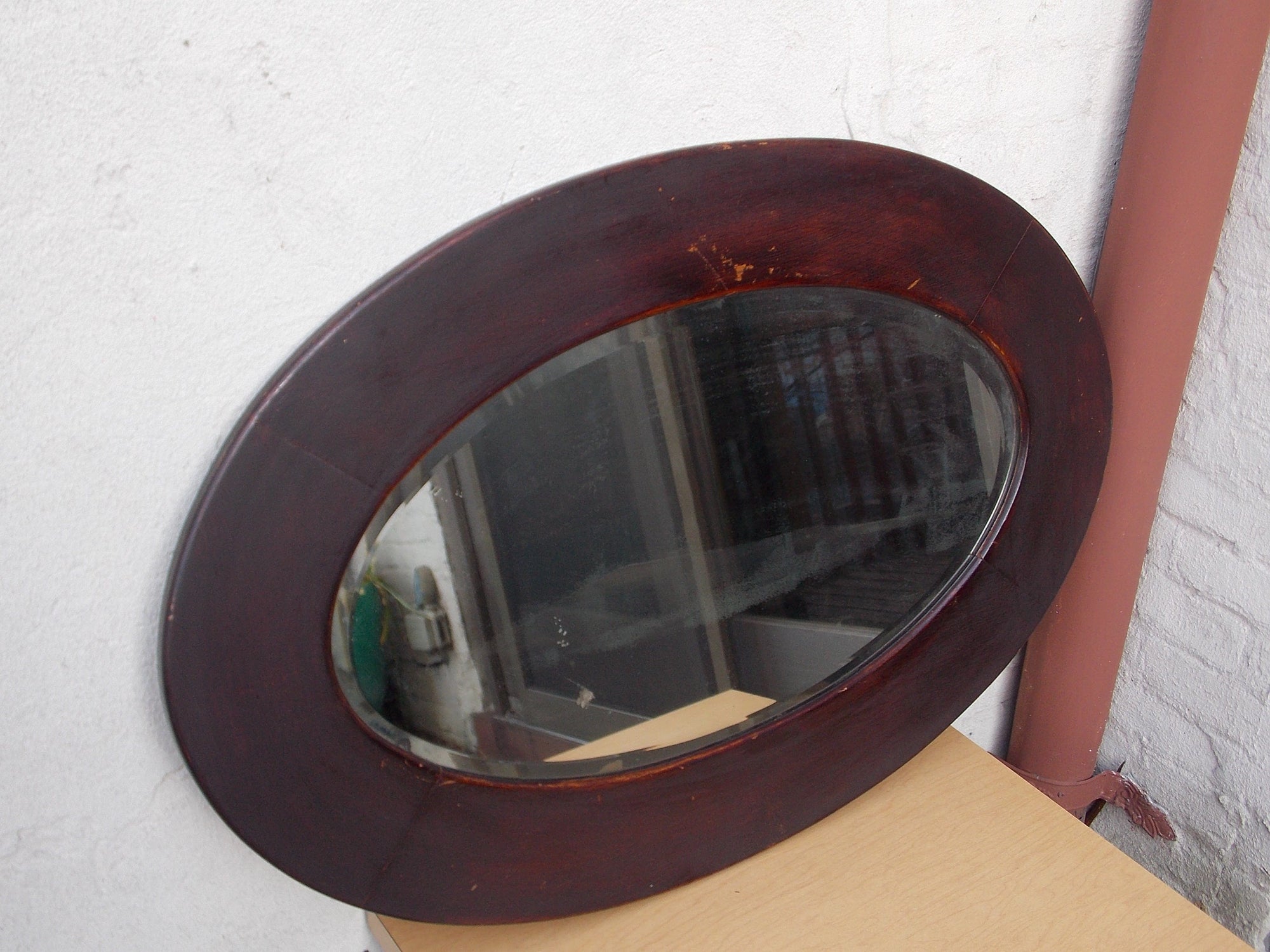 I Like Mike's Mid Century Modern Wall Decor & Art Large Oval Dark Wood Framed Beveled Mirror