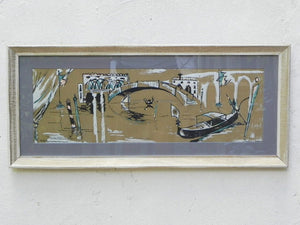 I Like Mike's Mid Century Modern Wall Decor & Art Long Venice Scene in Metallic Gold & Silver, Newly Framed