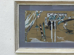 I Like Mike's Mid Century Modern Wall Decor & Art Long Venice Scene in Metallic Gold & Silver, Newly Framed