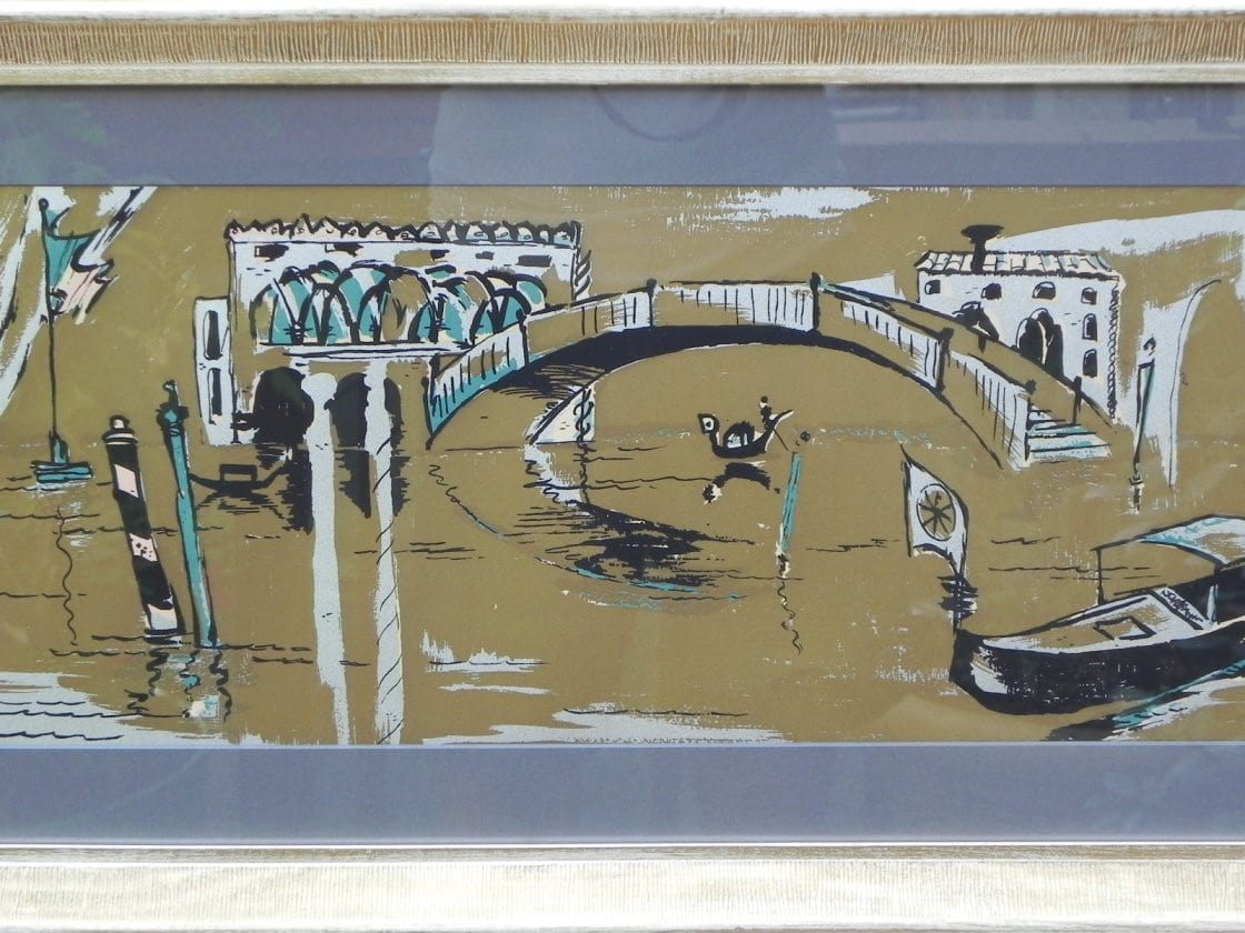 I Like Mike's Mid Century Modern Wall Decor & Art Long Venice Scene in Metallic Gold & Silver, Newly Framed