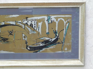 I Like Mike's Mid Century Modern Wall Decor & Art Long Venice Scene in Metallic Gold & Silver, Newly Framed