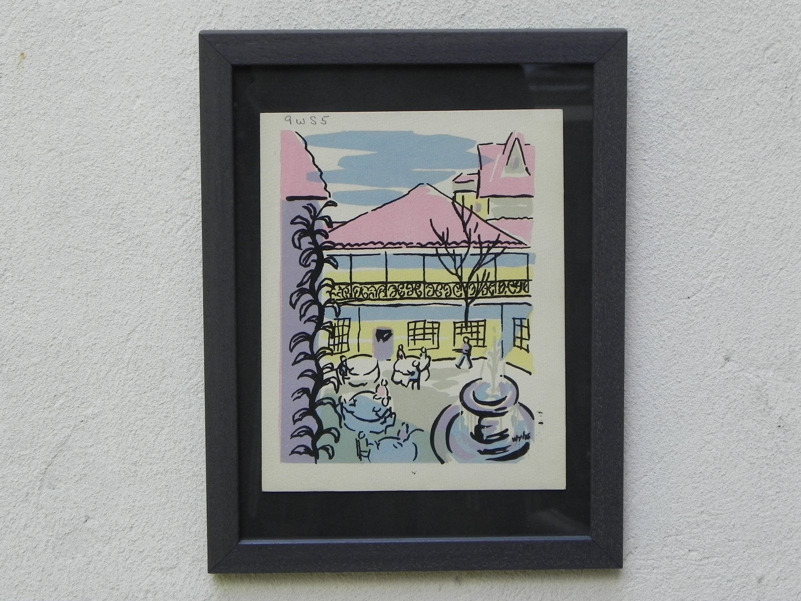 I Like Mike's Mid Century Modern Wall Decor & Art Mid-Century Lithograph by Wylie Newly Framed-Café Scene with Fountain, Pastel Colors