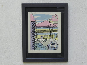 I Like Mike's Mid Century Modern Wall Decor & Art Mid-Century Lithograph by Wylie Newly Framed-Café Scene with Fountain, Pastel Colors