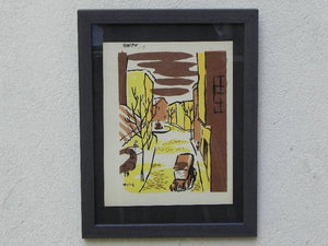 I Like Mike's Mid Century Modern Wall Decor & Art Mid-Century Lithograph by Wylie Newly Framed-Street Scene with Café, Back Fountain & Truck, Brown & Yellow
