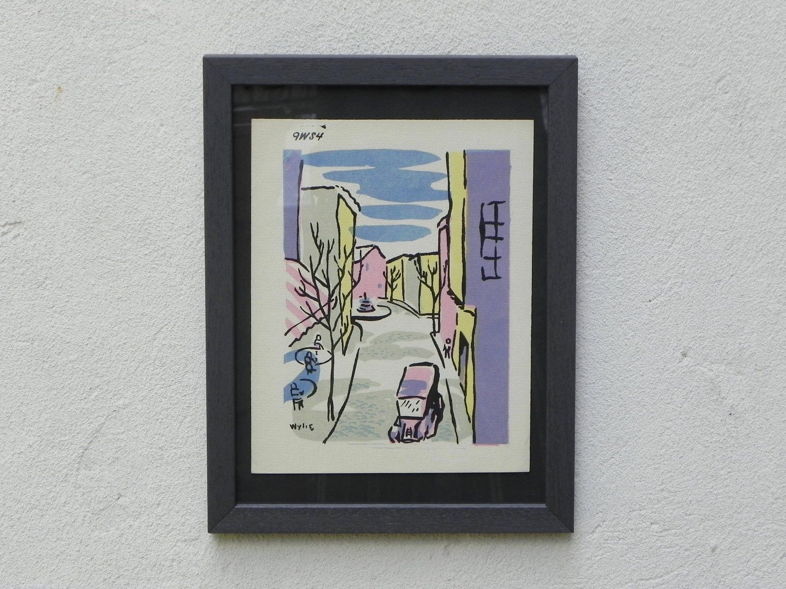 I Like Mike's Mid Century Modern Wall Decor & Art Mid-Century Lithograph by Wylie Newly Framed-Street Scene with Café, Back Fountain & Truck, Pastel Colors