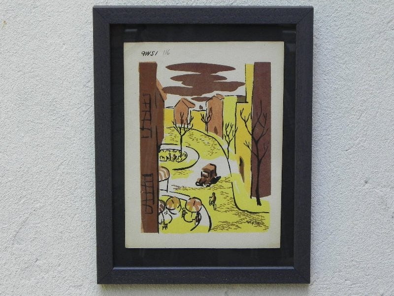 I Like Mike's Mid Century Modern Wall Decor & Art Mid-Century Lithograph by Wylie Newly Framed-Street Scene with Café, Bicycle & Truck, Brown & Yellow