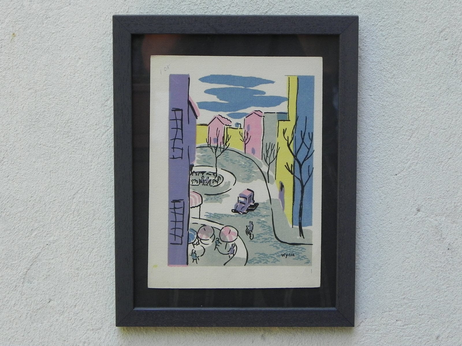 I Like Mike's Mid Century Modern Wall Decor & Art Mid-Century Lithograph by Wylie Newly Framed-Street Scene with Café, Bicycle & Truck, Pastel Colors