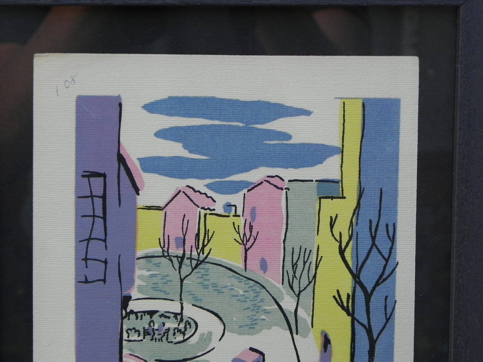 I Like Mike's Mid Century Modern Wall Decor & Art Mid-Century Lithograph by Wylie Newly Framed-Street Scene with Café, Bicycle & Truck, Pastel Colors