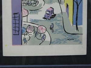 I Like Mike's Mid Century Modern Wall Decor & Art Mid-Century Lithograph by Wylie Newly Framed-Street Scene with Café, Bicycle & Truck, Pastel Colors