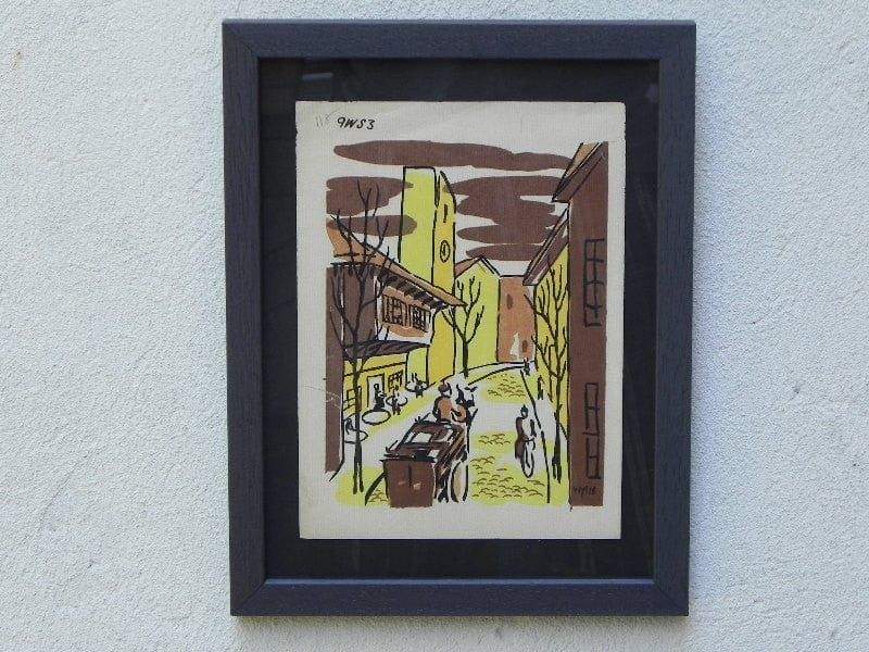 I Like Mike's Mid Century Modern Wall Decor & Art Mid-Century Lithograph by Wylie Newly Framed-Street Scene with Café, Horse Drawn Carriage & Bicycle, Brown & Yellow