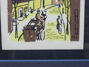 I Like Mike's Mid Century Modern Wall Decor & Art Mid-Century Lithograph by Wylie Newly Framed-Street Scene with Café, Horse Drawn Carriage & Bicycle, Brown & Yellow
