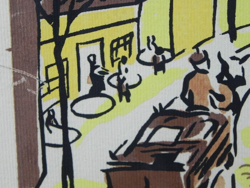 I Like Mike's Mid Century Modern Wall Decor & Art Mid-Century Lithograph by Wylie Newly Framed-Street Scene with Café, Horse Drawn Carriage & Bicycle, Brown & Yellow