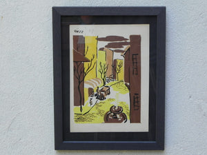 I Like Mike's Mid Century Modern Wall Decor & Art Mid-Century Lithograph by Wylie Newly Framed-Street Scene with Café, Truck & Front Fountain, Brown & Yellow (a)