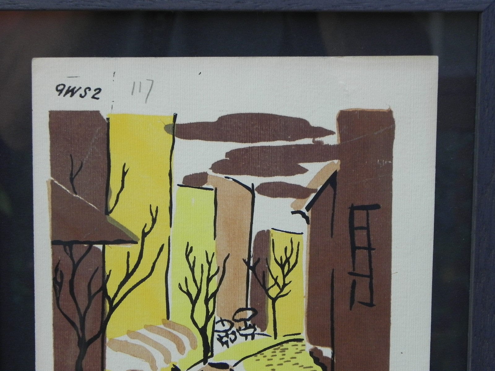 I Like Mike's Mid Century Modern Wall Decor & Art Mid-Century Lithograph by Wylie Newly Framed-Street Scene with Café, Truck & Front Fountain, Brown & Yellow (a)