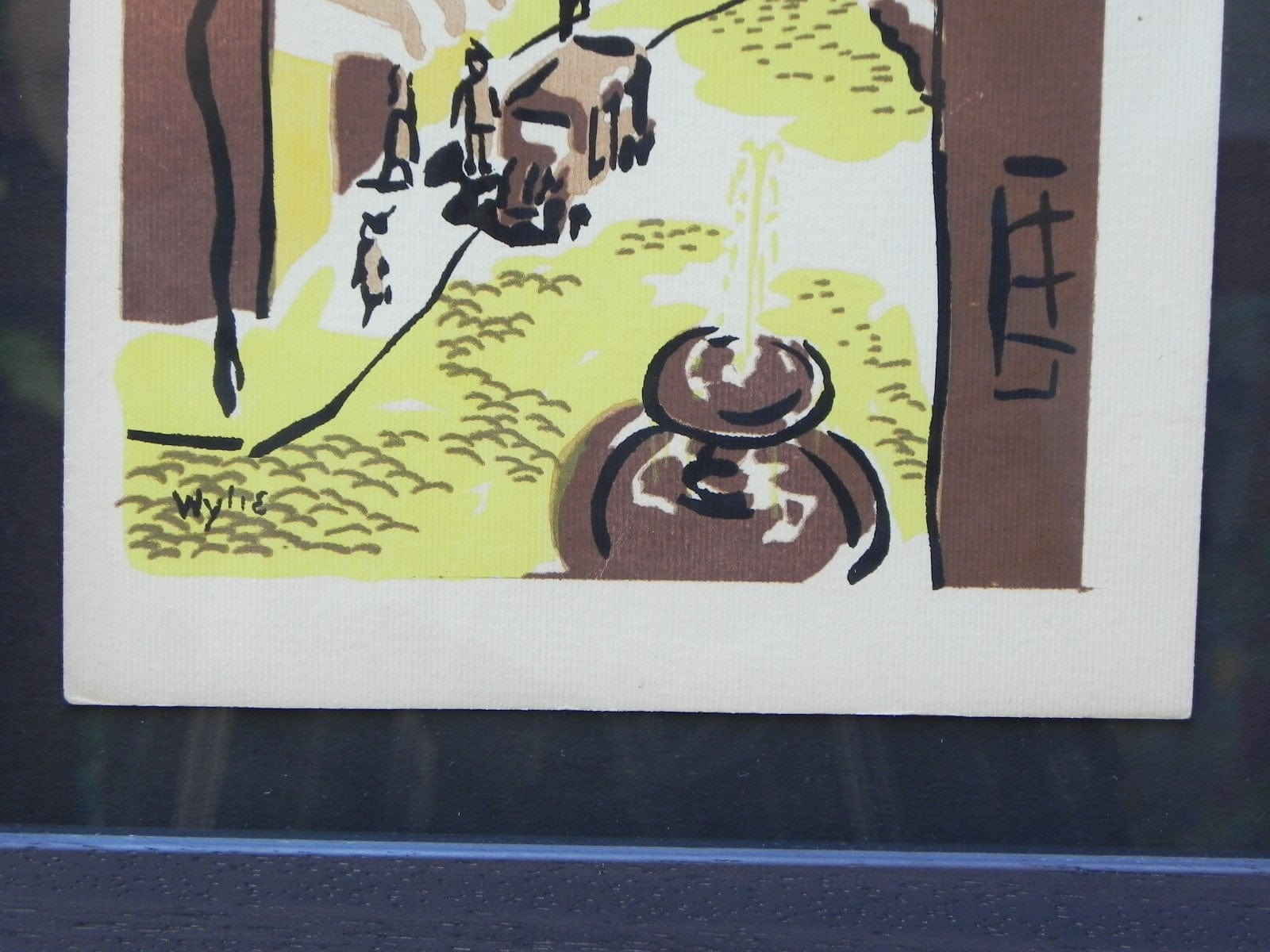 I Like Mike's Mid Century Modern Wall Decor & Art Mid-Century Lithograph by Wylie Newly Framed-Street Scene with Café, Truck & Front Fountain, Brown & Yellow (a)