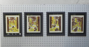 I Like Mike's Mid Century Modern Wall Decor & Art Mid-Century Lithograph by Wylie Newly Framed-Street Scene with Café, Truck & Front Fountain, Brown & Yellow (a)