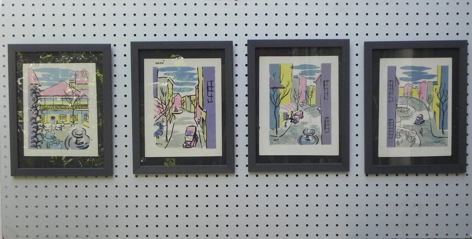 I Like Mike's Mid Century Modern Wall Decor & Art Mid-Century Lithograph by Wylie Newly Framed-Street Scene with Café, Truck & Front Fountain, Brown & Yellow (a)