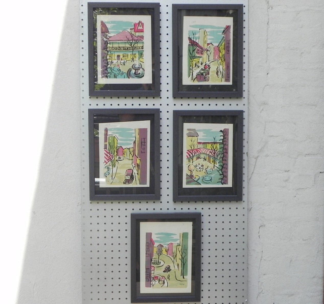 I Like Mike's Mid Century Modern Wall Decor & Art Mid-Century Lithograph by Wylie Newly Framed-Street Scene with Café, Truck & Front Fountain, Brown & Yellow (a)