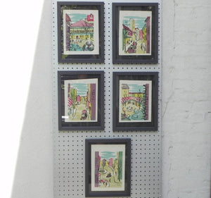 I Like Mike's Mid Century Modern Wall Decor & Art Mid-Century Lithograph by Wylie Newly Framed-Street Scene with Café, Truck & Front Fountain, Brown & Yellow (a)
